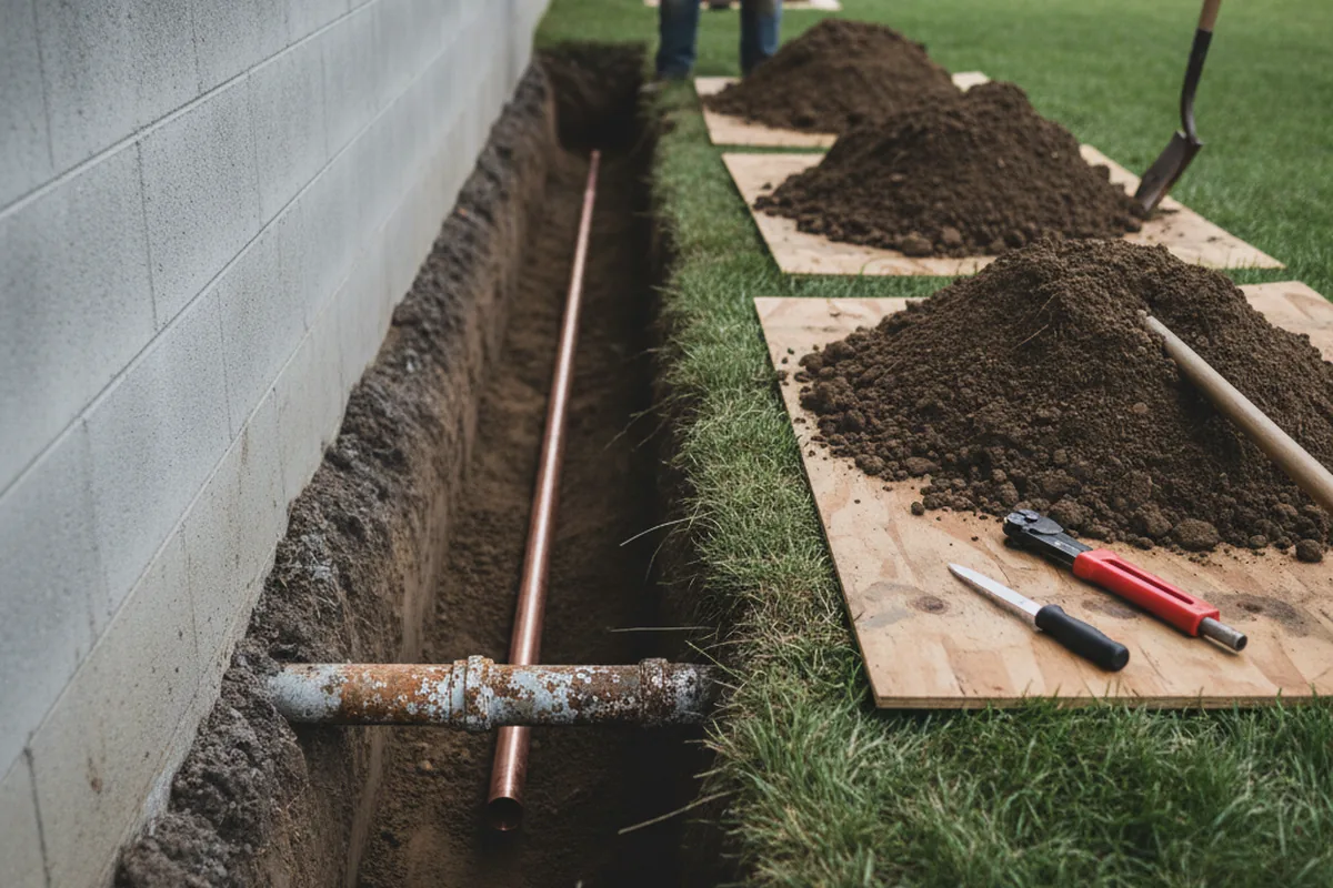 Excavated water line trench during Water Heater Repair in Jefferson